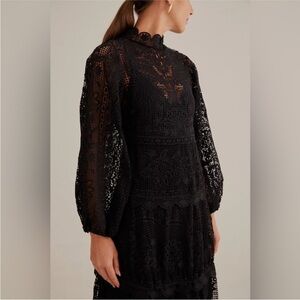 FARM Rio Guipure Black Lace Long Sleeve Dress XS